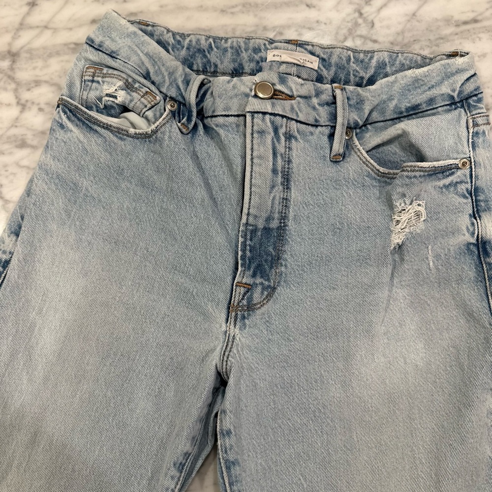 Good American Good Classic High Waist Crop Straight Leg Distressed Jeans